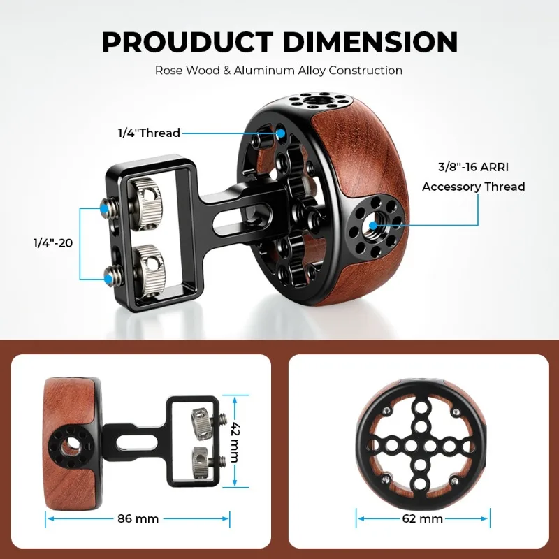 Suitable For Camera Cage Side Wooden Handgrip, Round Wood Handle With 1/4 & 3/8 Thread Mounting Holes, Not Original