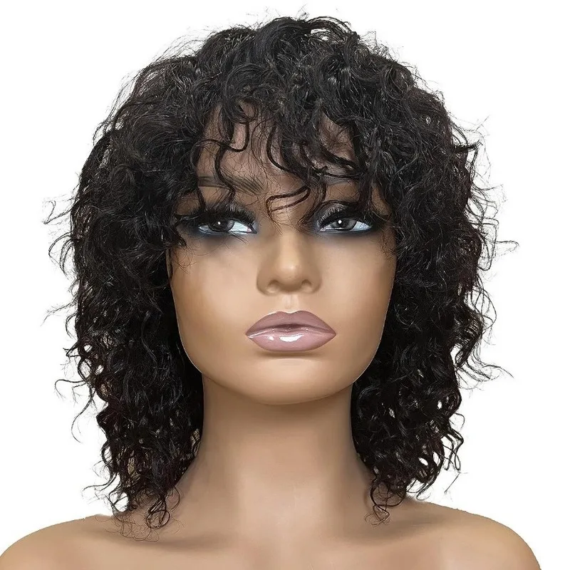 Best-selling wig: African women's black short curly hair with bangs, hand-tied small curls, synthetic fiber full headpiece