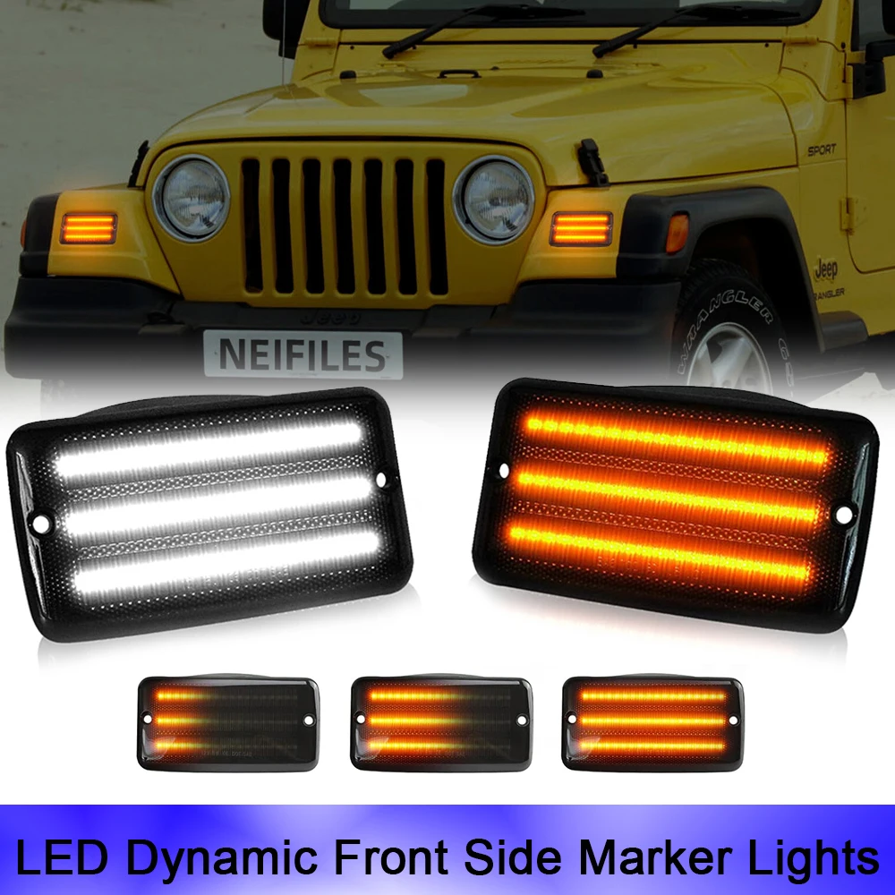 

2Pcs Sequential Blinker Amber LED Front Fender Side Marker Lights DRL Turn Signal Headlights For Jeep Wrangler TJ 1997-2006