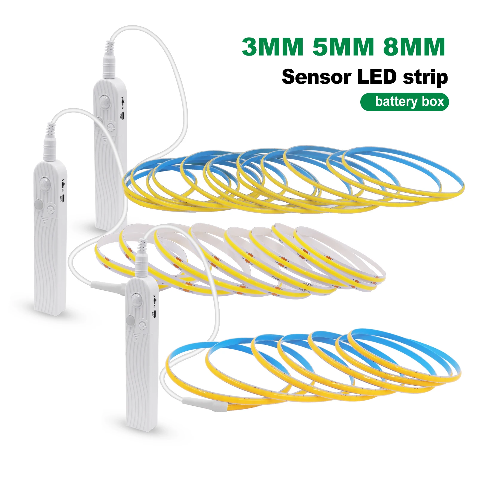 Bande lumineuse LED COB flexible avec capteur humain, USB 5V, boîtier de batterie, 3mm, 5mm, 8mm, lumières COB, éclairage linéaire haute densité 320