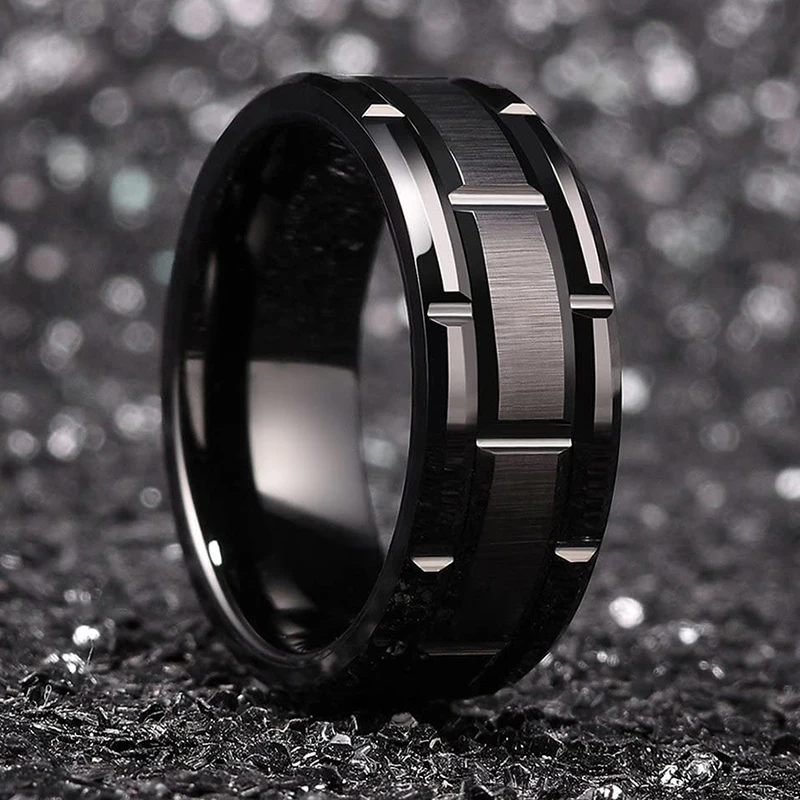 Moda Mężczyźni 8MM Pierścionek ze stali nierdzewnej Czarny kolor Szczotkowany wzór podwójnego rowka Męska obrączka Biżuteria imprezowa dla kobiet Prezent