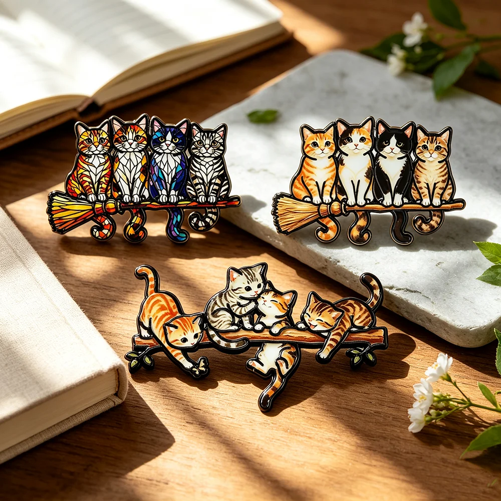 3Pcs Cute Kittens on Broomstick Brooch, Cartoon Cat Badge Pin for Backpack Jacket Hat, Cat Lover Gift