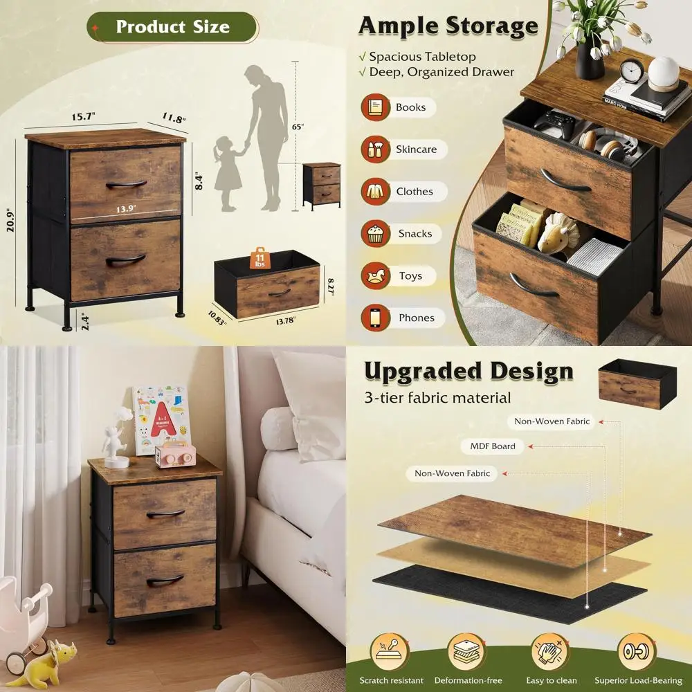 

Rustic Brown Wooden Nightstand with 2 Drawers, Fabric Bins for Bedroom, Dorm, and Entryway Storage