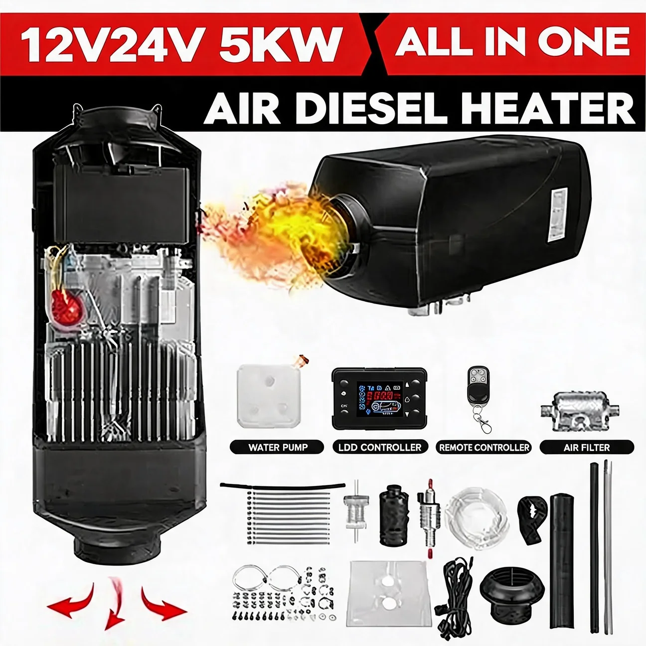 12V/24V 5000W Car Diesel Heater Air Parking Heater Diesel Heating Low Noise Heater for Truck Bus RV Trailer Boat Heater Kits