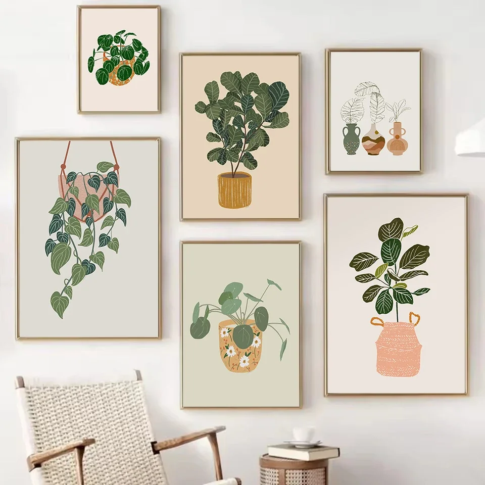 Boho Abstract Classic House Plant in Vase Green Floral Botanical Poster Canvas Painting Wall Art Pictures Home Interior Decor