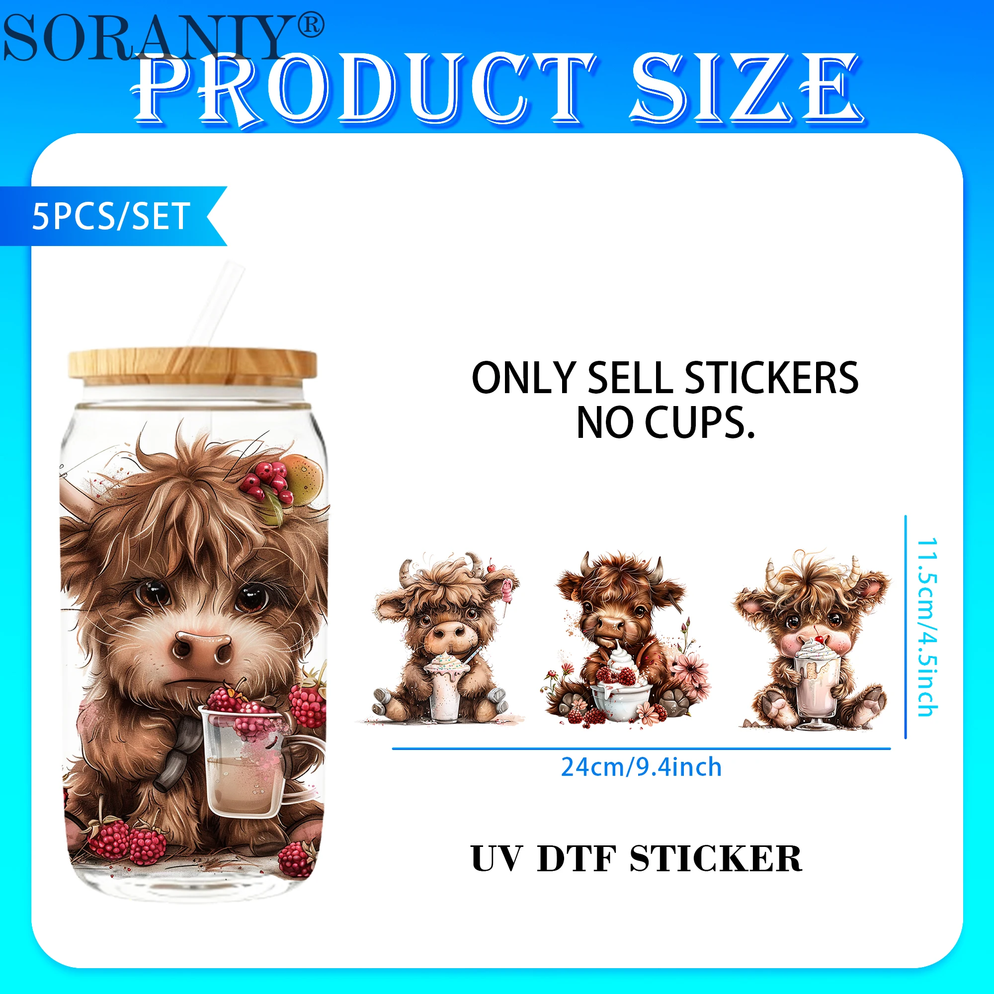 5PCS/Set Highland Cow Themed UV DTF DIY 16OZ Transfer Stickers Water Bottles Glass Bottles