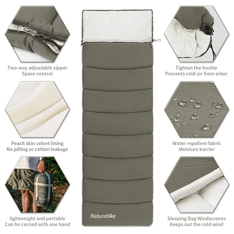 Naturehike Envelope Cotton Sleeping Bag Portable Outdoor Camping Adult Sleeping Bag Single Splicable Hooded Cotton Sleeping Bag