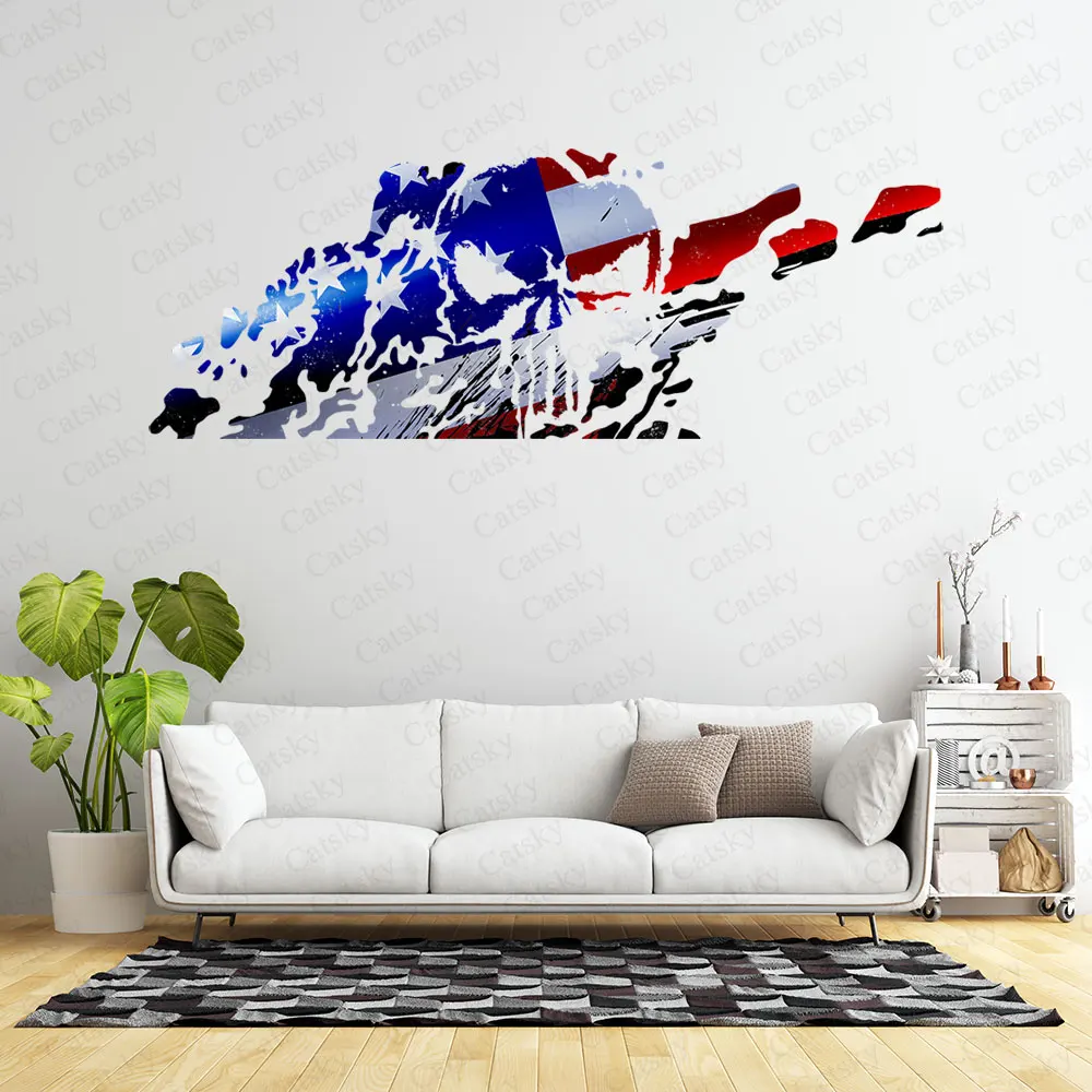 Custom The US Flag Skull Pattern Living Room Wall Decoration Self Adhesive Waterproof Vinyl Wallpaper Family Housewarming Gift