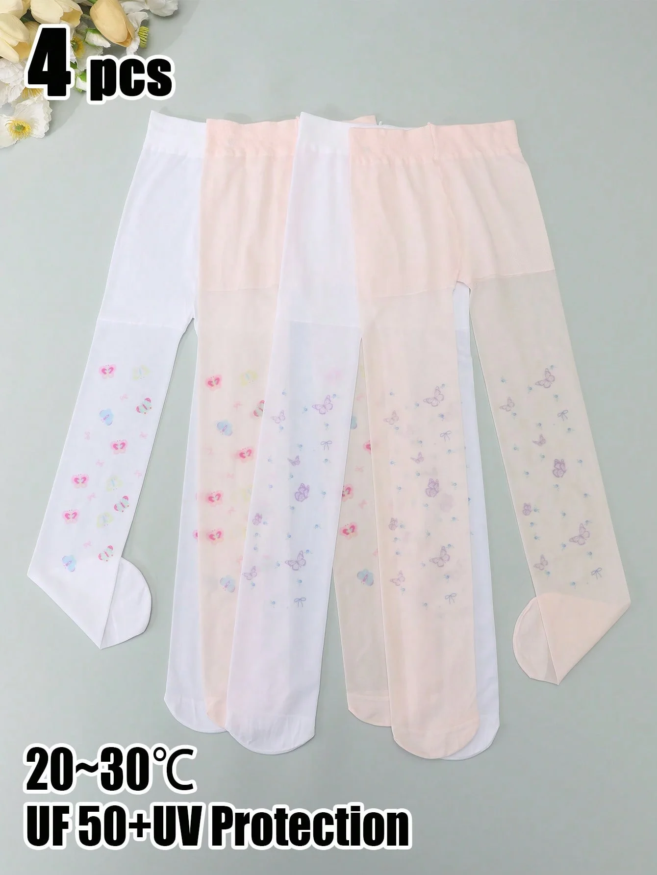 4Pcs Girls Heart-Shaped and Butterfly Print Stockings,Ultra-Thin and Breathable Upf 50+ Physical Uv Protection Tights for 20-30 ℃