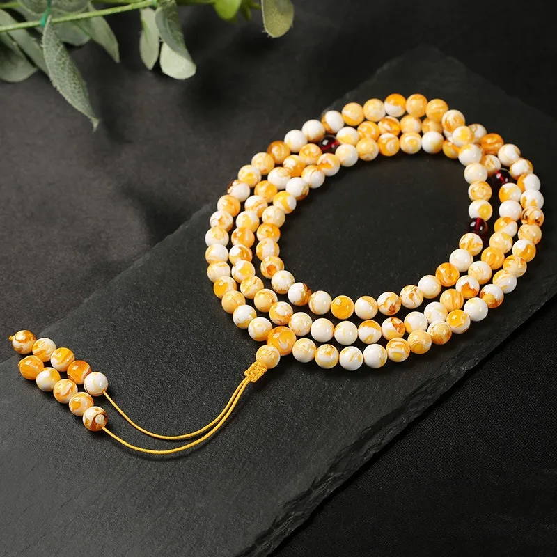 Amber White Flower Honey 108 White Necklace, Buddhist Bead Bracelet, Men's and Women's Prayer Bead Bracelet Bracelet