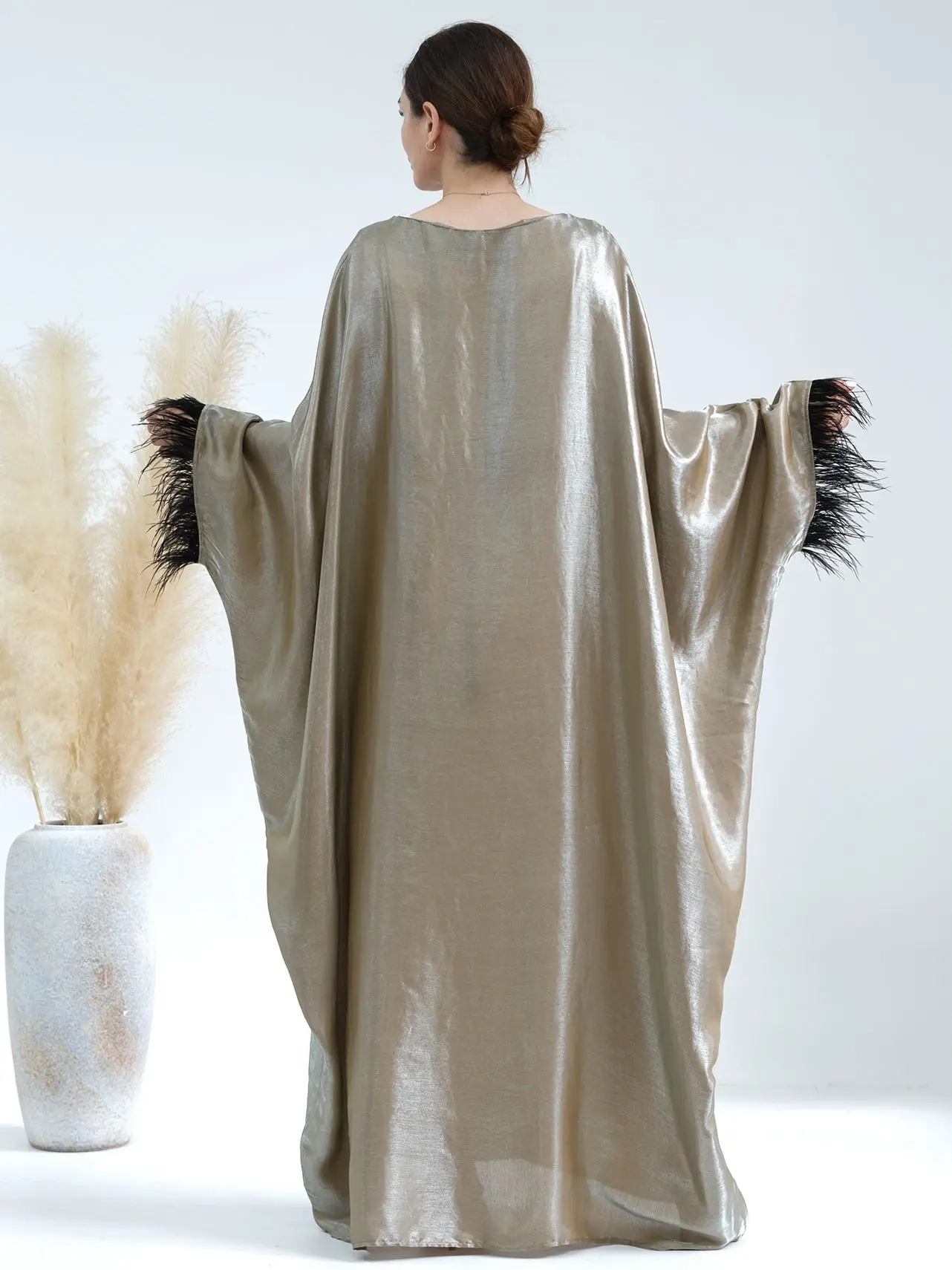 Party Kaftan Abaya Dress for Women, Built-in Belt, Feathered Cuffs, Muslim Dress, Islamic Caftan, Ramadan Eid Hijabi Outfit