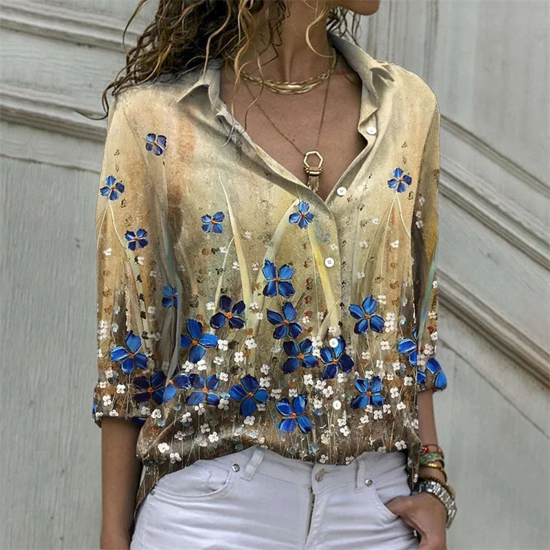 Women Elegant Fashion Botanical Flower Print Shirt Spring Autumn Lapel Single-breasted Cardigan Blouse Female Loose Casual Tops