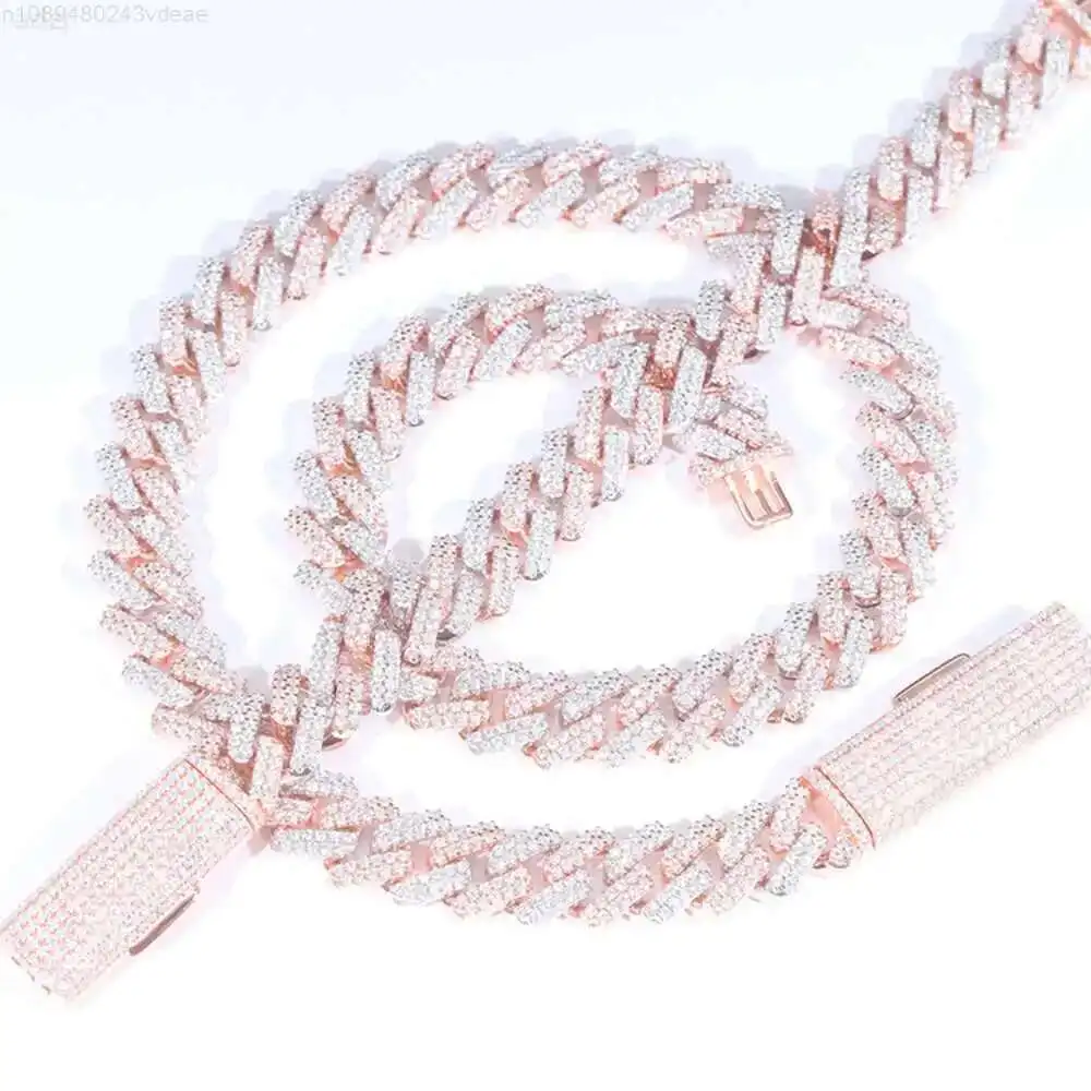 

2rows 13mm-20mm Width Cuban Chain Fine Jewelry 925 Solid Silver Gra Moissanite Cuban Link Chain Hip Hop Necklace