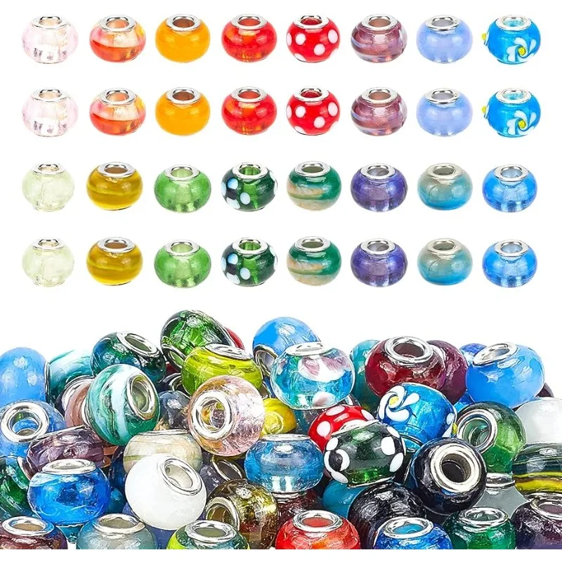 100pcs Lampwork Glass European Beads Large Hole Beads Mixed Handmade Garden Decor Beaded Loose Slide Beads for DIY Bracelet Jewe