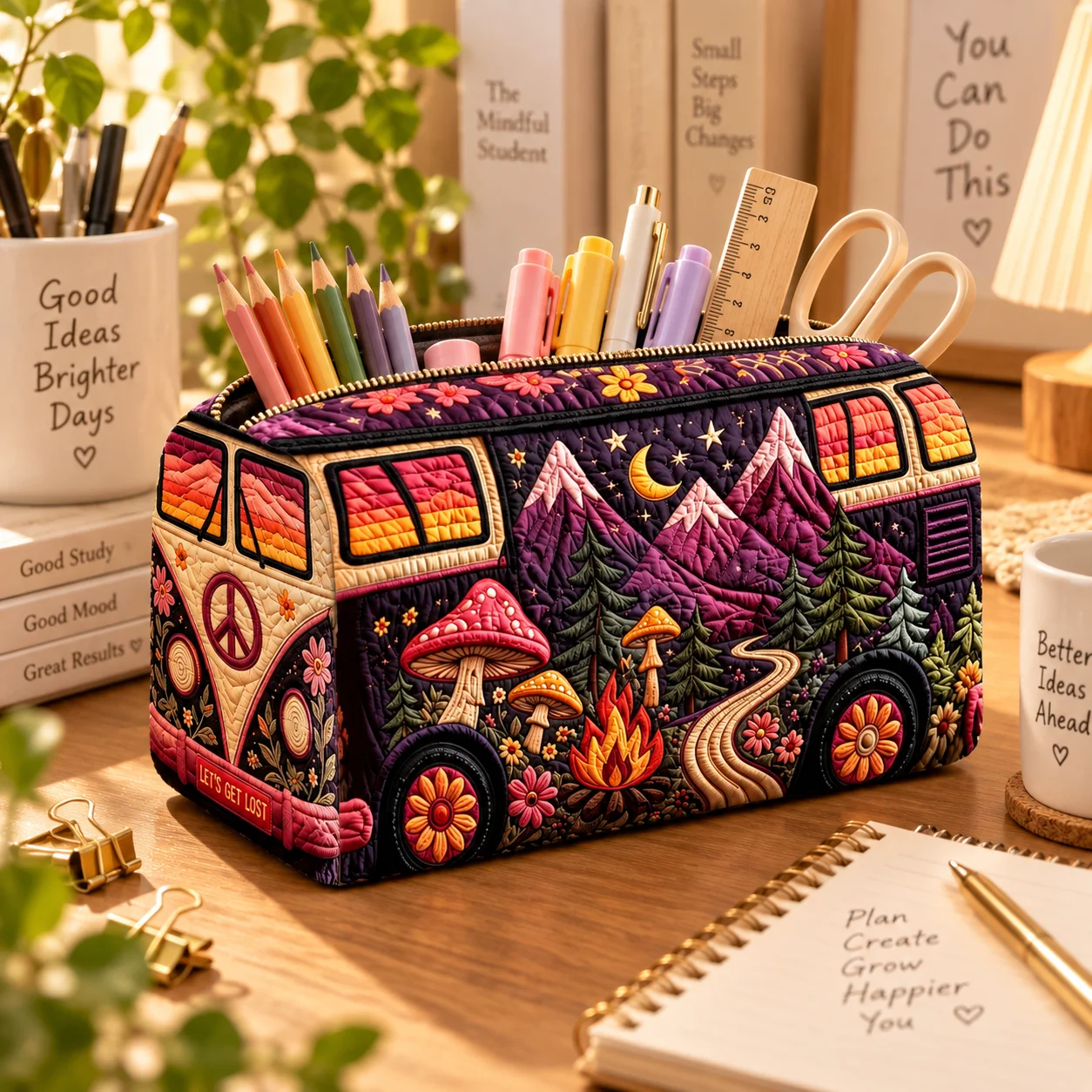 Retro Camper Print Cosmetic Bag Mountain Mushroom Zipper Pouch Travel Toiletry Organizer Pencil Case Makeup Storage Bag Women