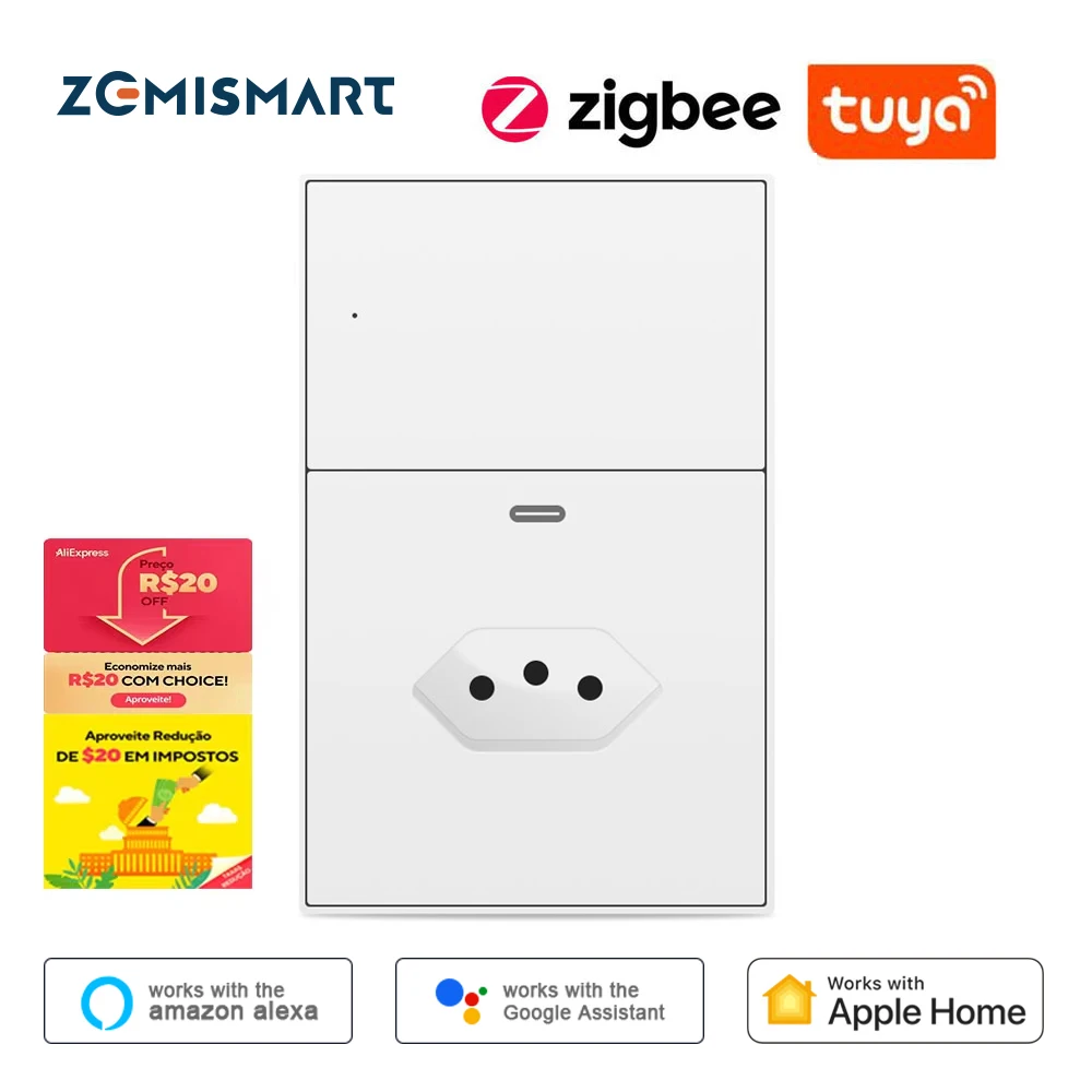 

Zemismart Tuya Zigbee Smart Socket 10A Brazil Outlet with Type C Charging Port with Neutral Home Smart Life App Remote Control