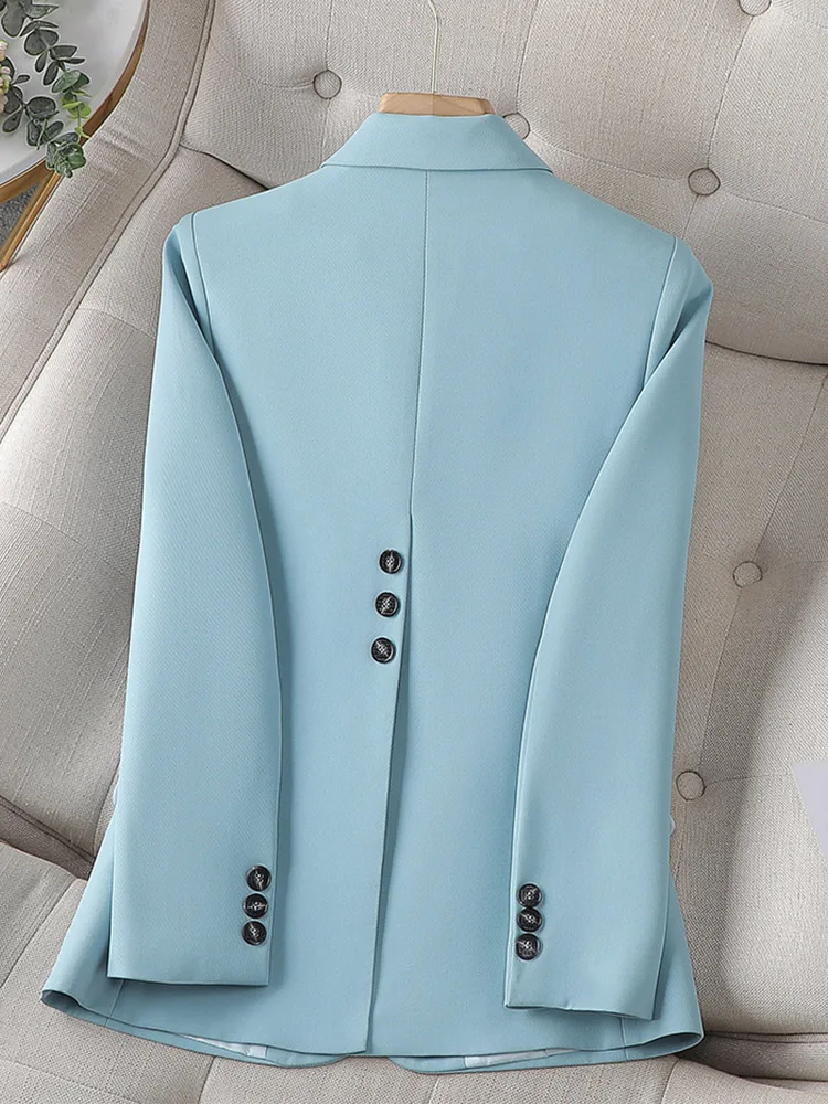 Jaket Formal monokromatik wanita, Blazer lengan panjang, kancing tunggal, biru, hitam, merah muda, kopi, wanita, kerja bisnis wanita