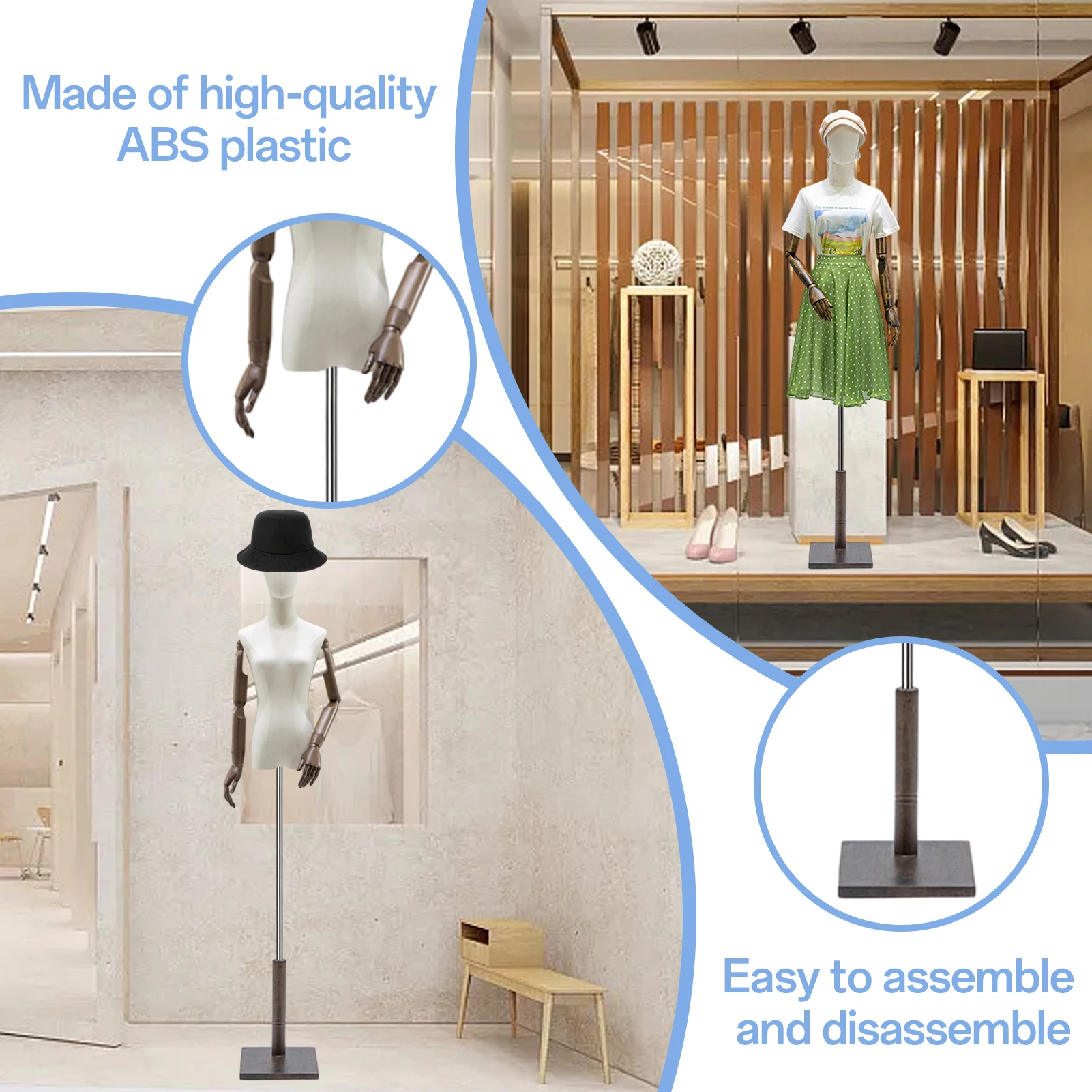 Kobiecy tors manekina, regulowana wysokość sukienki, model sukienki dla kobiet z drewnianymi ramionami, głowa, kwadratowy stojak na biżuterię do sukienki
