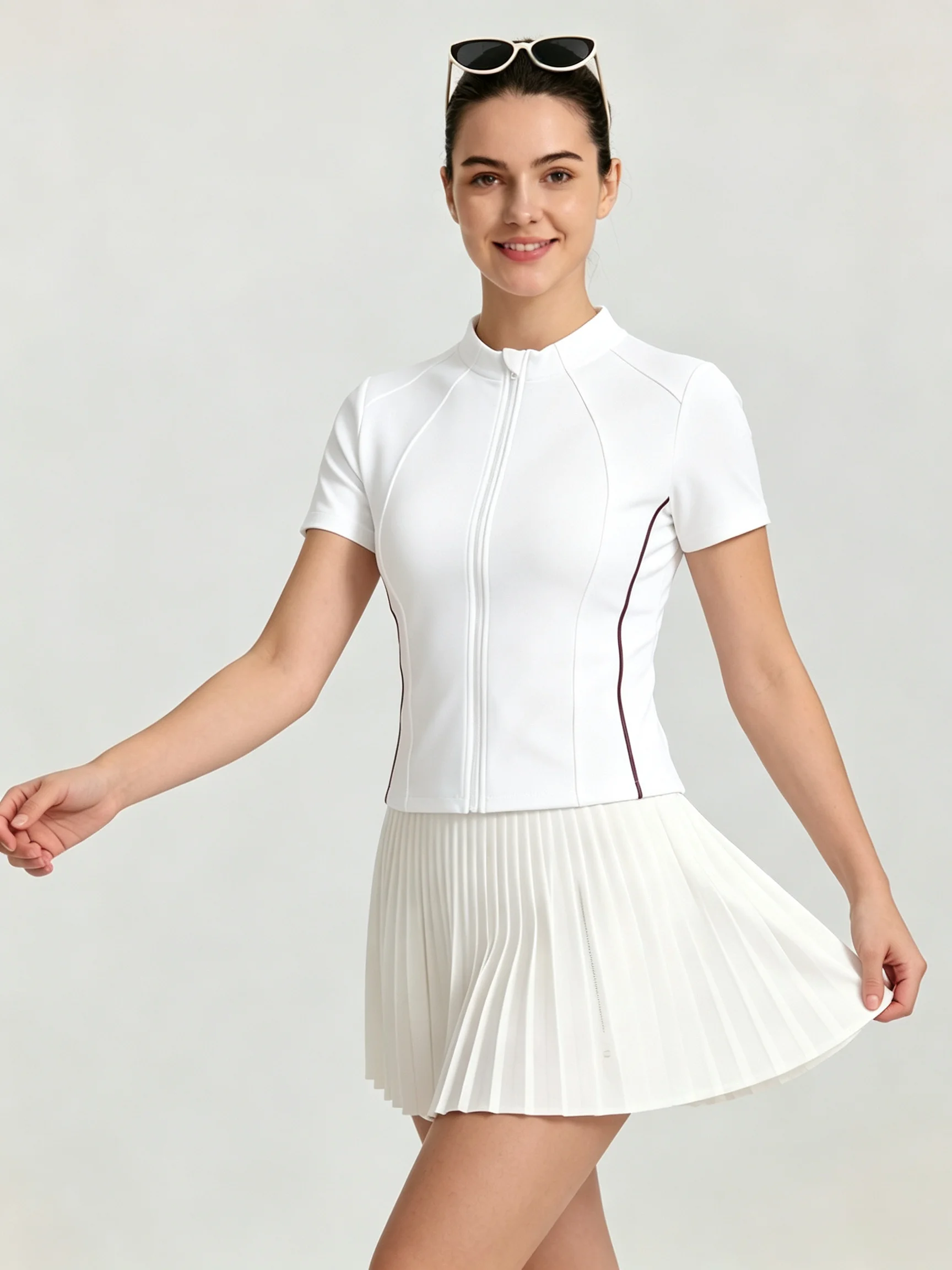 Slim Contrast Piping Stitch Zip Short Sleeve Jacket Ladies Stand Collar Quick Dry Breathable Golf Tennis Athletic Top