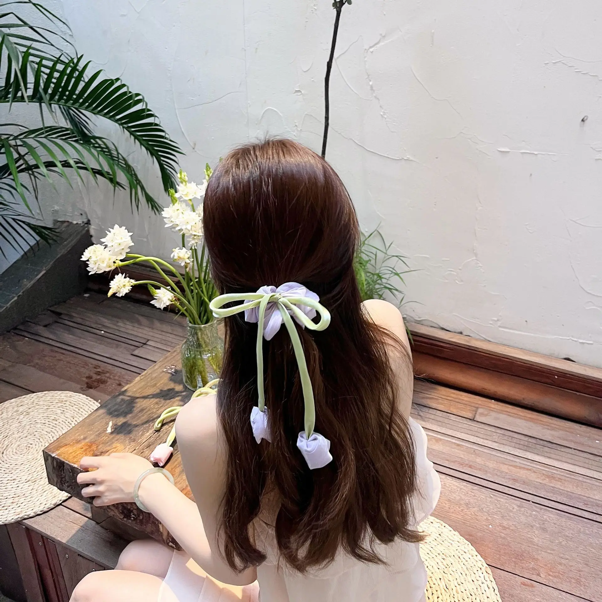 Sweet Gentle Women Tulip Flowers Ribbons Hair Scrunchies Fairy Bowknot Streamers Hair Ribbons Ponytail Holder Hair Accessories