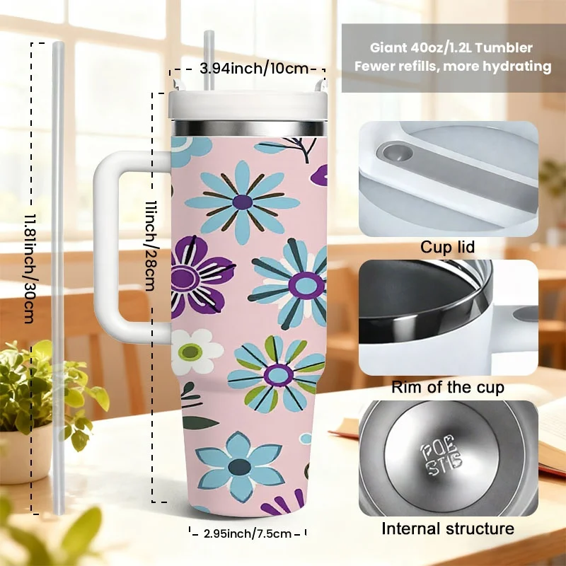 Stainless Steel 40Oz Insulated Tumbler with Whimsical Pink-Tone Floral Digital Print, Reusable Hot And Cold Beverage Holder, Ideal for Daily Commute, Office Use, And Outdoor Activities