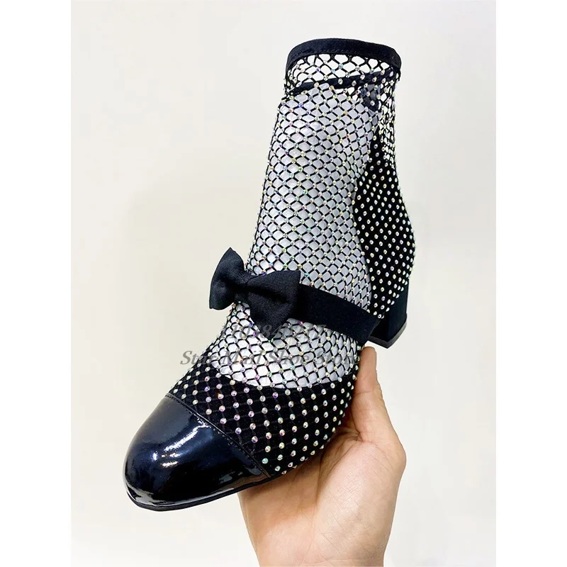 Rhinestone Sexy Mesh Boots Bow Colored Diamond Chunky Heel Sandal Summer Fashion Round Toe Concise Women Shoe Low Tube High Tube