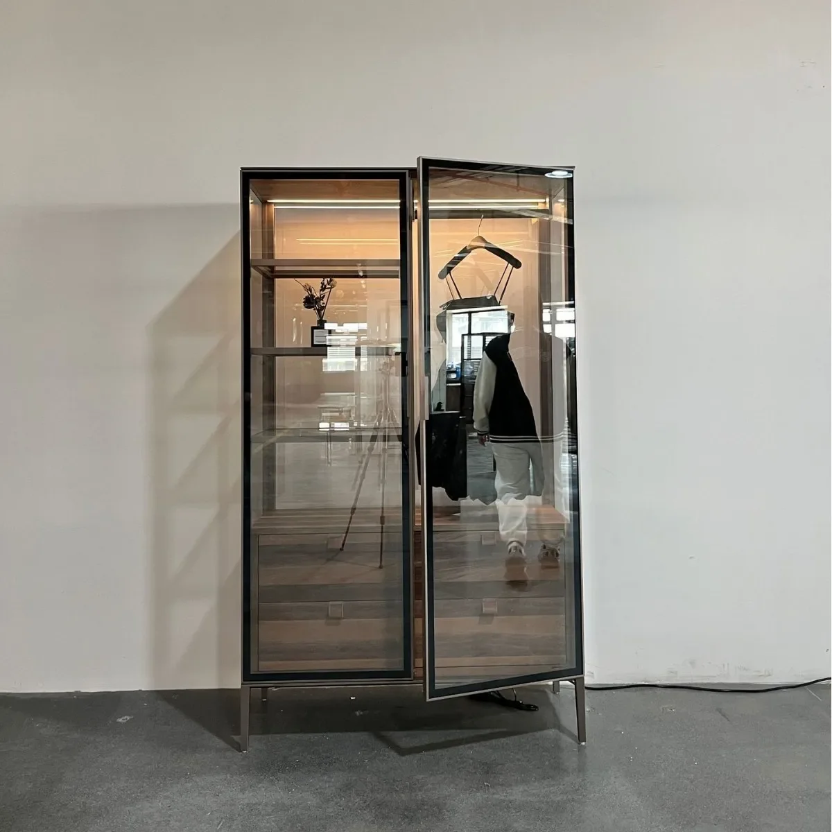 Bedroom floor new coat glass cabinet multi-layer removable coat rack wrought iron shoe cabinet door