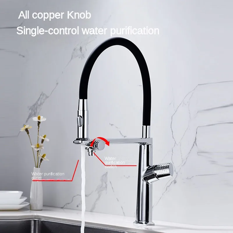 Chrome Pull-out Kitchen Faucet Tap Copper Water Purification Three-in-One Vegetable Basin Splash-Proof Sink Faucet Gun Gray