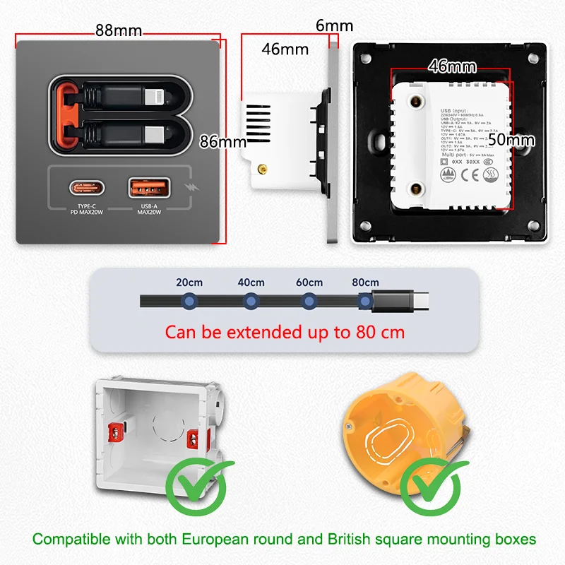 Universal EU Charging Wall Socket with 20W Fast Charging, USB-A Type-C Ports, Dual Retractable Charging Cables and Plastic Panel
