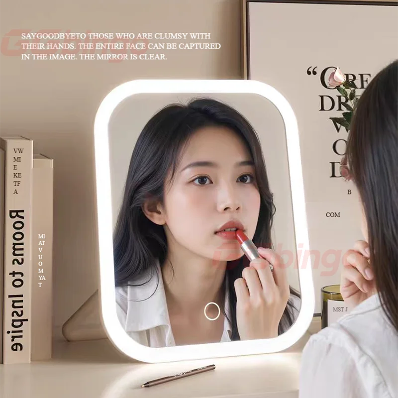 

Светодиодное зеркало для макияжа с регулируемой яркостью и 3-мя цветными режимами освещения, складное косметическое зеркало с зарядкой через USB для путешествий и домашнего использования на столешнице