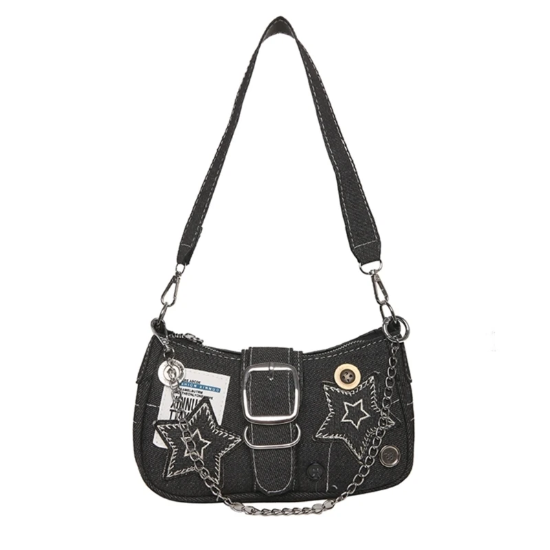 Women Chain Handbag Girls Hobo Bag Button Star Armpit Bag Denims Shoulder Bag