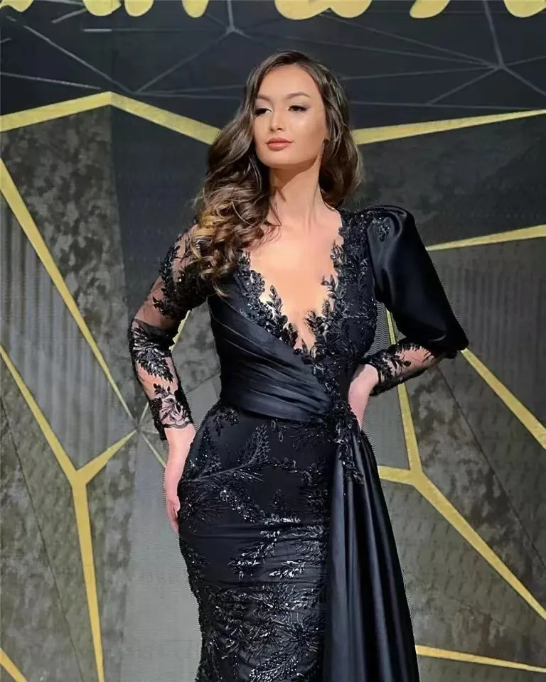 Vinca Sunny Customized Black Lace Mermaid Prom Dresses Formal Dress Dubai Arabic Long Sleeves Evening Gowns robes de soirée