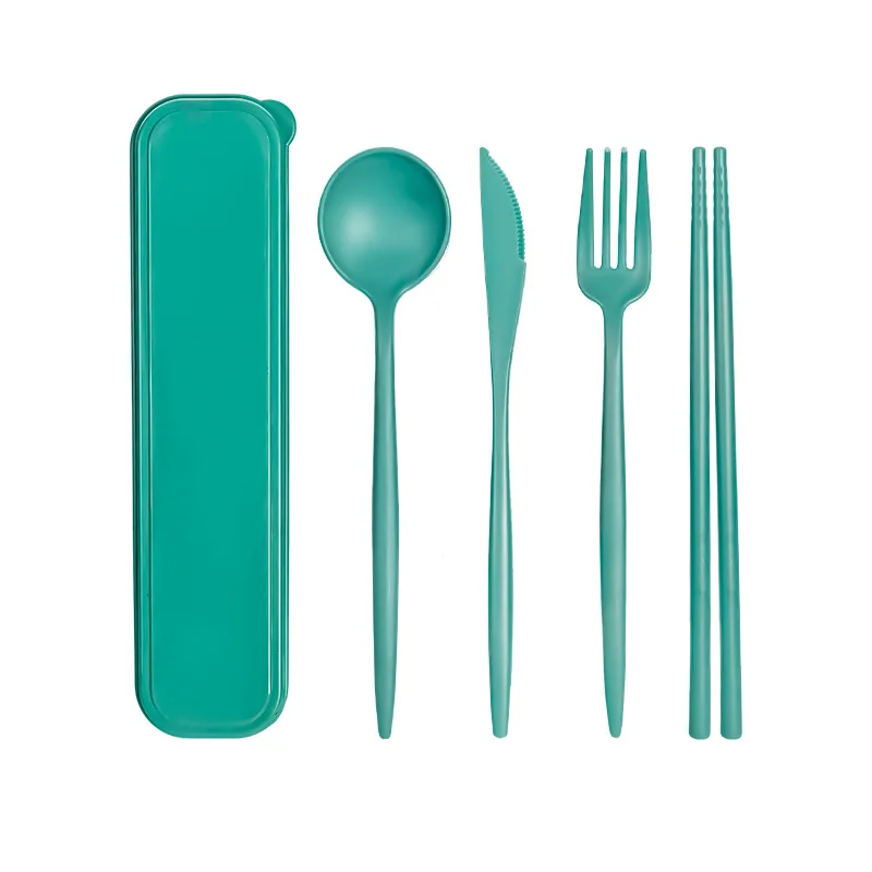 

Macaron Wheat Straw Cutlery Portable Picnic Tableware Set Student Office Chopsticks Knife Fork Spoon 4 Pcs Set Boxed Travel Set