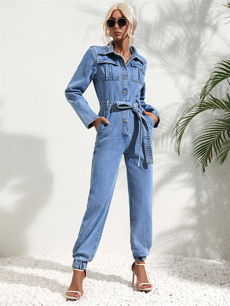 Vintage Denim Jumpsuits for Women Autumn Y2K Clothing Turn Down Neck With Belt Jean Rompers Playsuits One Piece Overalls Outfits