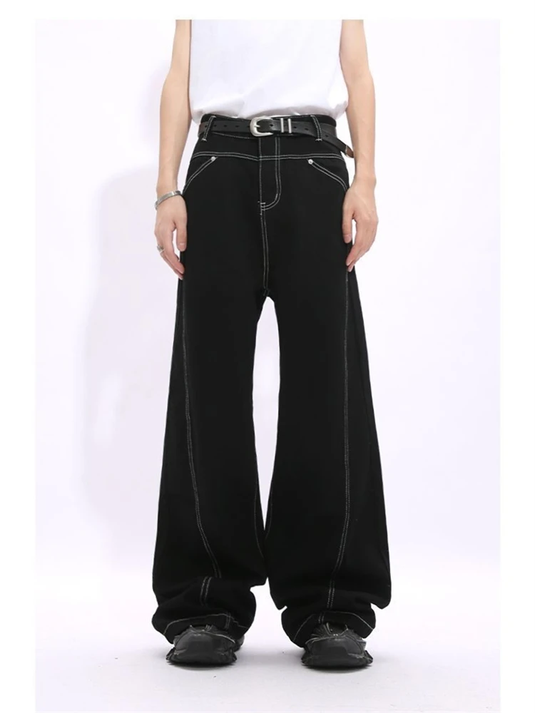 

Summer Women's Bright Line Decoration Black Jeans High Waist Wide Legs Trousers Cool Girl Casual Bottoms Female Solid Color Pant