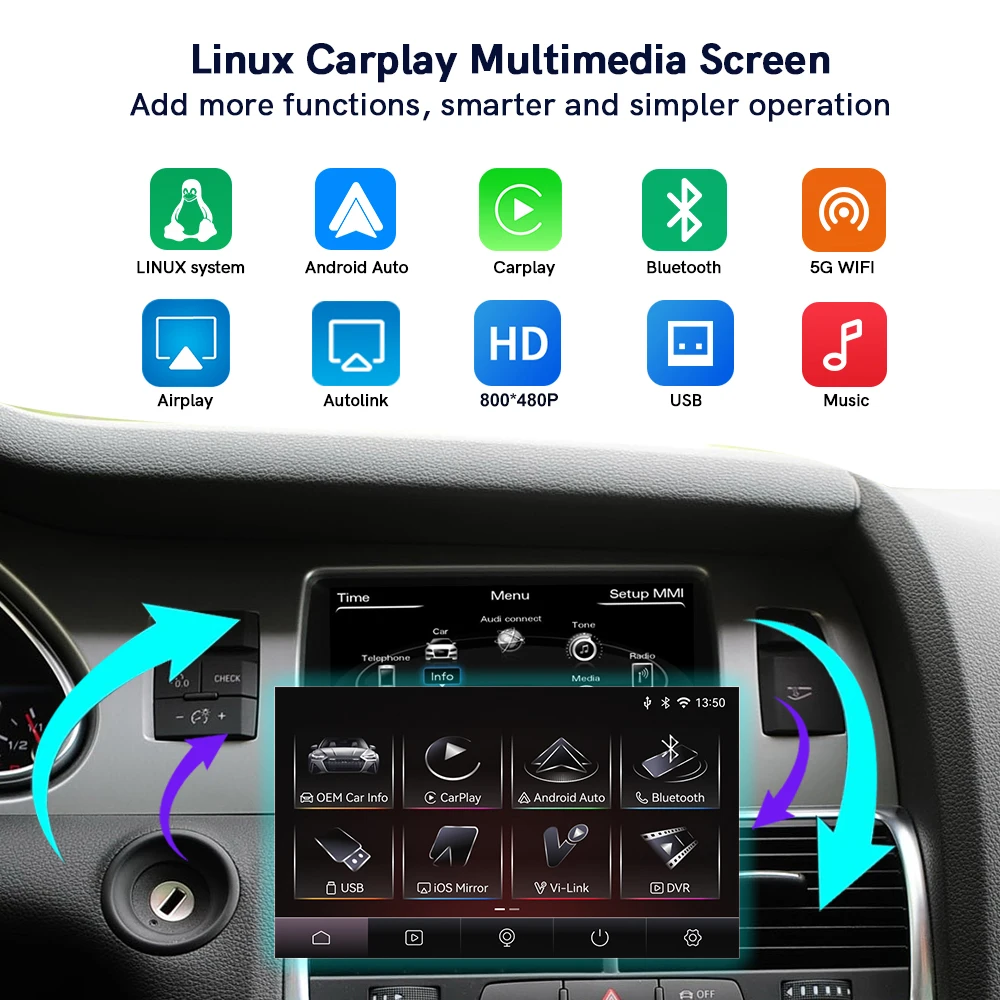 Radio de coche inalámbrico CarPlay Android Auto de 7 pulgadas para Audi Q7 4L 2005-2015 MMI 2G MMI 3G Reproductor de vídeo multimedia con pantalla táctil Linux con YouTube en línea Airplay Autolink Mirror Link WiFi Bluetooth GPS Navegación 5