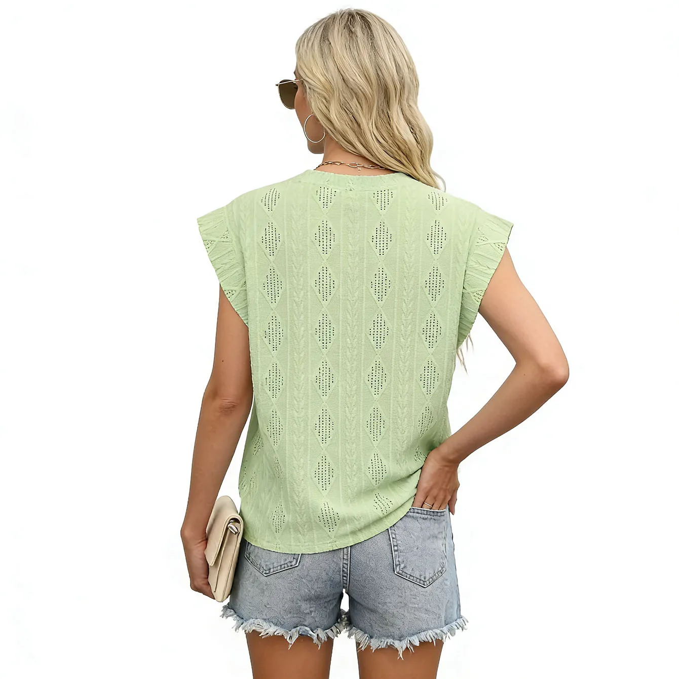 European and American summer new round neck loose short sleeved T-shirt jacquard top vest for women