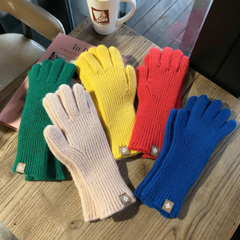 Guantes de punto de invierno para mujer, guantes cálidos de felpa suave para montar, guantes de Color sólido, guantes esponjosos con pantalla táctil