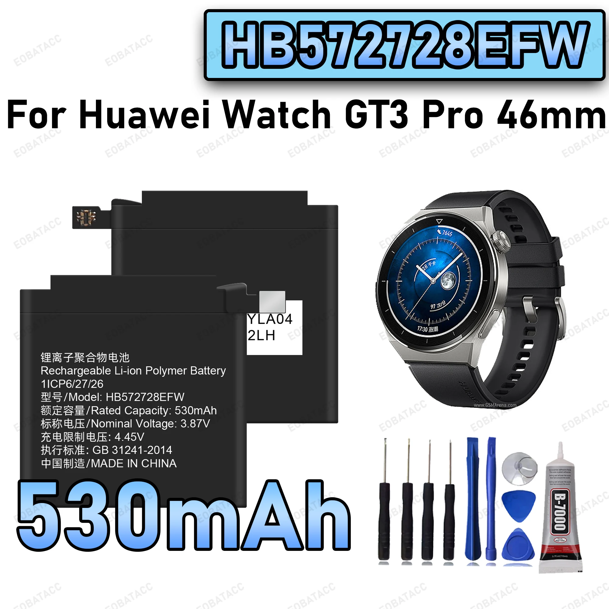 100% New Zero Cycle HB572728EFW Battery For Huawei Watch GT3 PRO 46MM Smart Watch Bateria +Free Tools