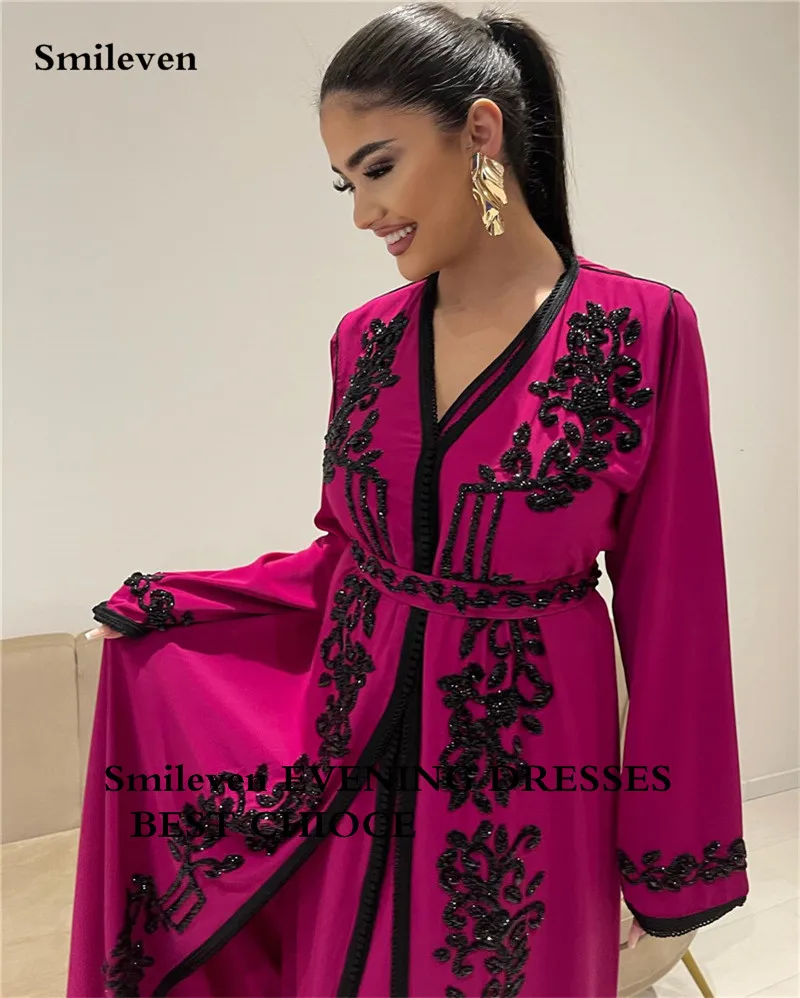 Smileven pitaya Color V Neck Moroccan caftan Evening Dresse Long Sleevees Lace Special Occasion Dress Lace Party Gown