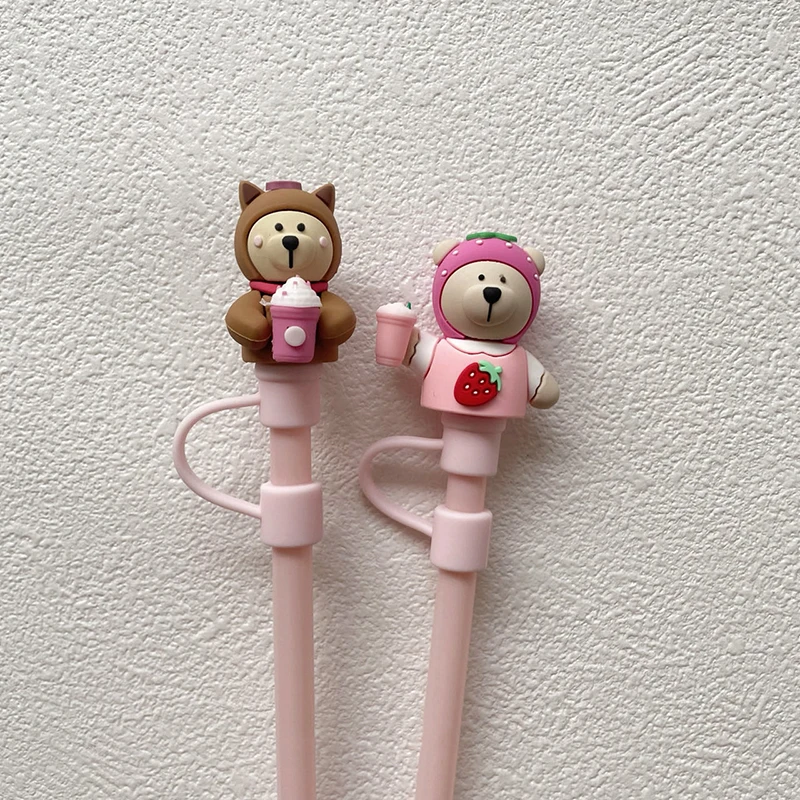 

1PC Pink Strawberry Bear Silicone Straw Cap For 7-8mm Straw Water Cup Dust Plug Reusable Christmas Decoration Cup Accessories