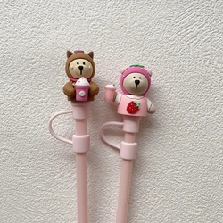 1PC Pink Strawberry Bear Silicone Straw Cap For 7-8mm Straw Water Cup Dust Plug Reusable Christmas Decoration Cup Accessories