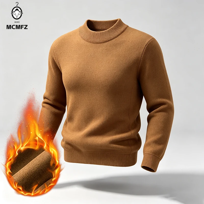 Men Basic Crew Neck Fleece Knit Sweater Ribbed Hem Cuff Thermal Fabric For Daily Commute And Social Gathering Wear