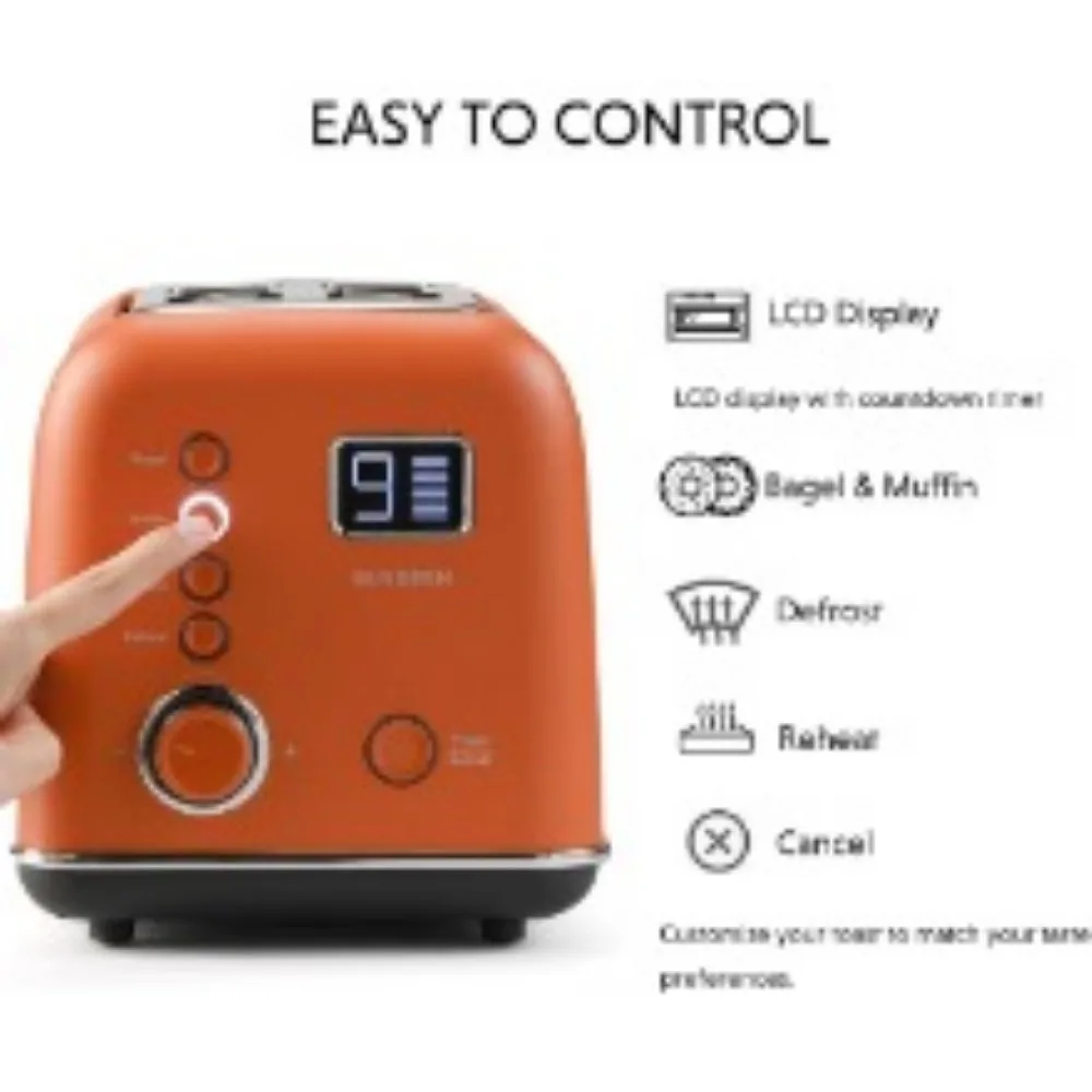 2-Slice Smart Digital Leverless Toaster with LCD Countdown Timer, 9-Shade Settings for Toast, Bagels, Waffles, Muffins