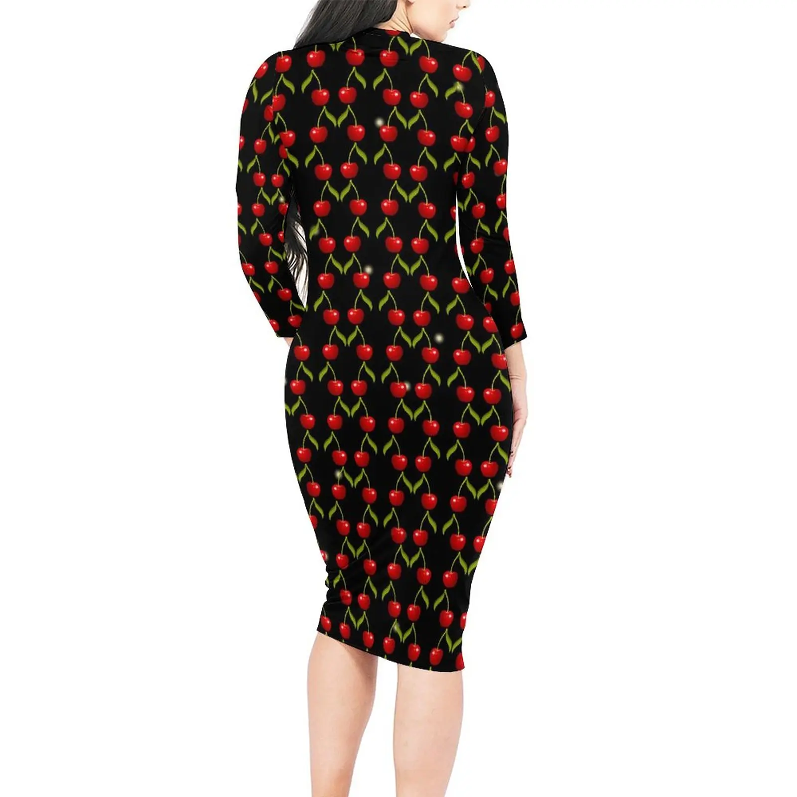 Glänzende Kirschen Bodycon Kleid Herbst rote Frucht drucken Nachtclub Kleider Frau Langarm Grafik Street Fashion Kleid groß