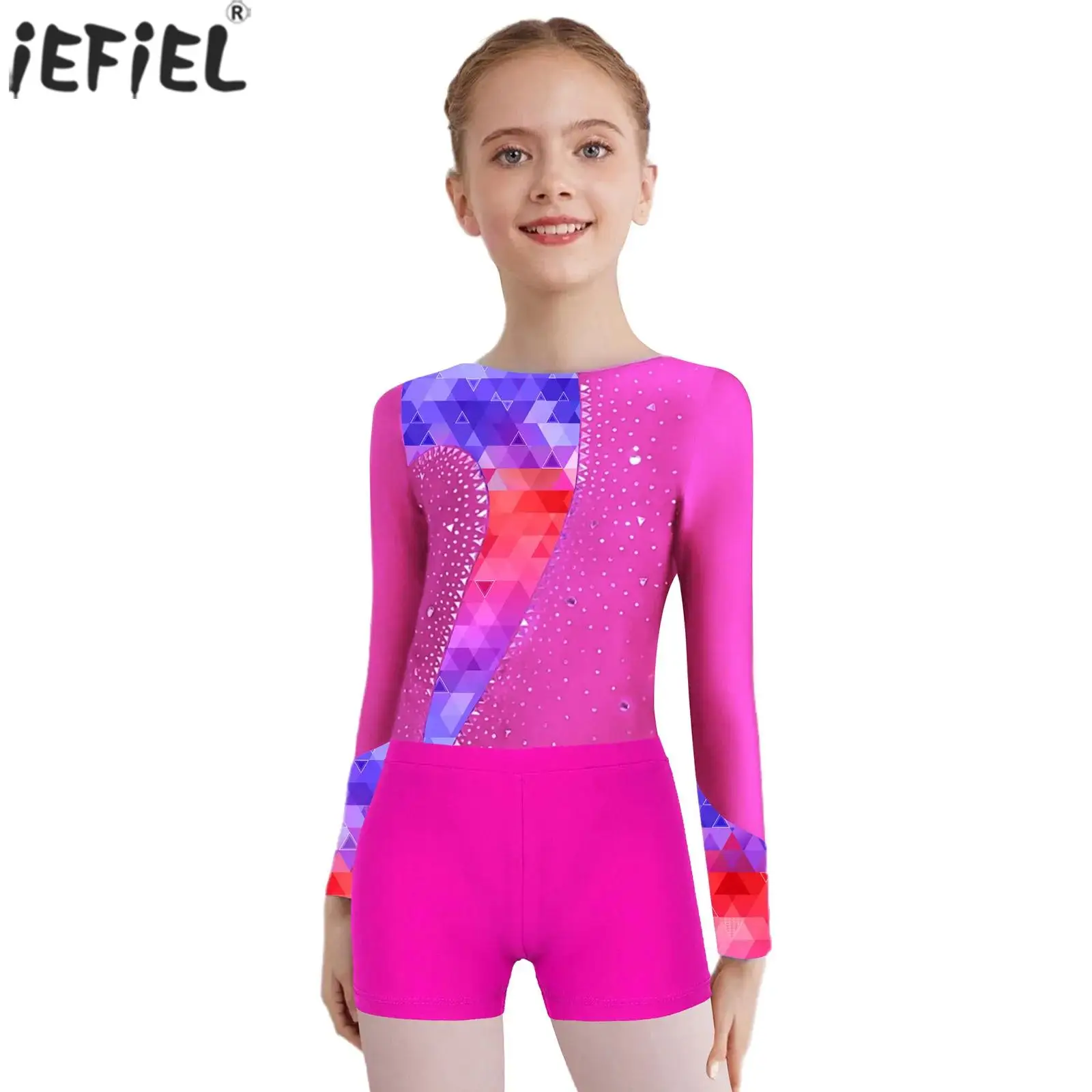 Kids Girls Ballet Dance Gymnastics Leotard Shiny Rhinestone Jumpsuit with Shorts Figure Skating Acrobatics Performance Dancewear