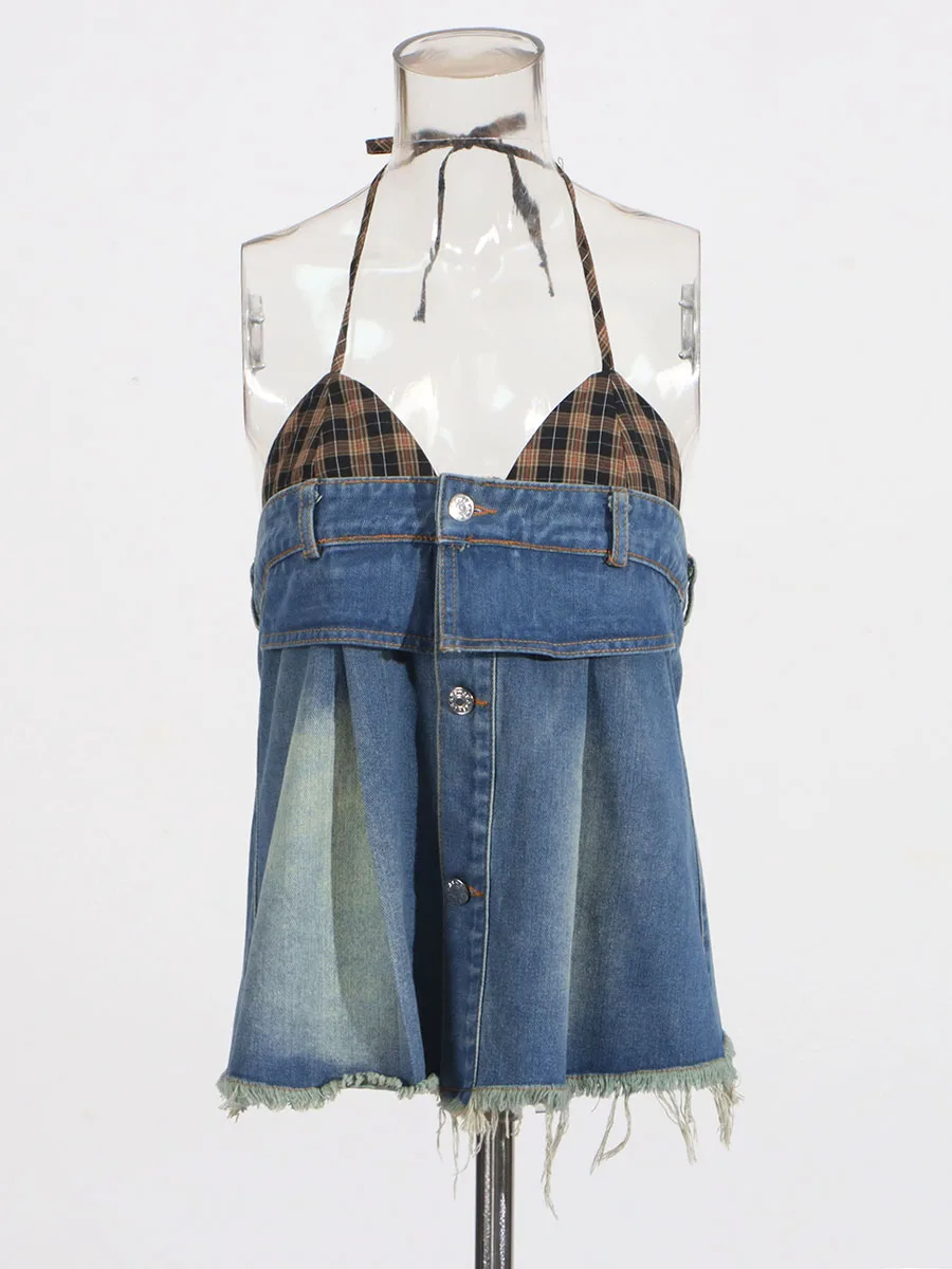 CHICEVER Hot Girl Patchwork Check Denim Vest for Women Later Sleeveless Spliced Single Breasted Streetwear Style Camisole Female