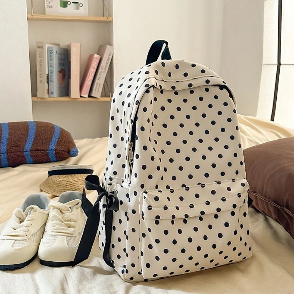 French Style Polka Dot Backpack Bow Ribbon Design Polka Dot Pattern Lightweight School Bag Cute Appearance
