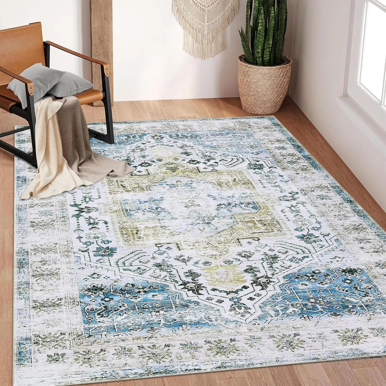 سجادة قابلة للغسل 4x6 سجادة منطقة شرقية عتيقة غير قابلة للانزلاق غير قابلة للتساقط سجادة متعثرة سجادة أرضية رفيعة منخفضة الكومة لغرفة المعيشة