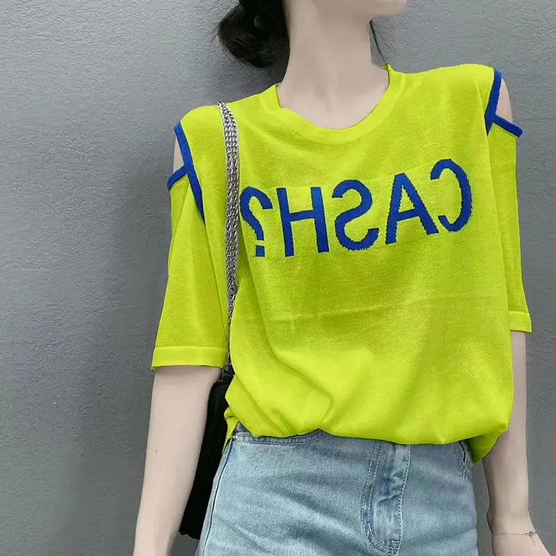 

Fashion O-Neck Spliced Letter Off Shoulder Blouse Women's Clothing 2023 Summer New Casual Pullovers Loose Commute Shirt